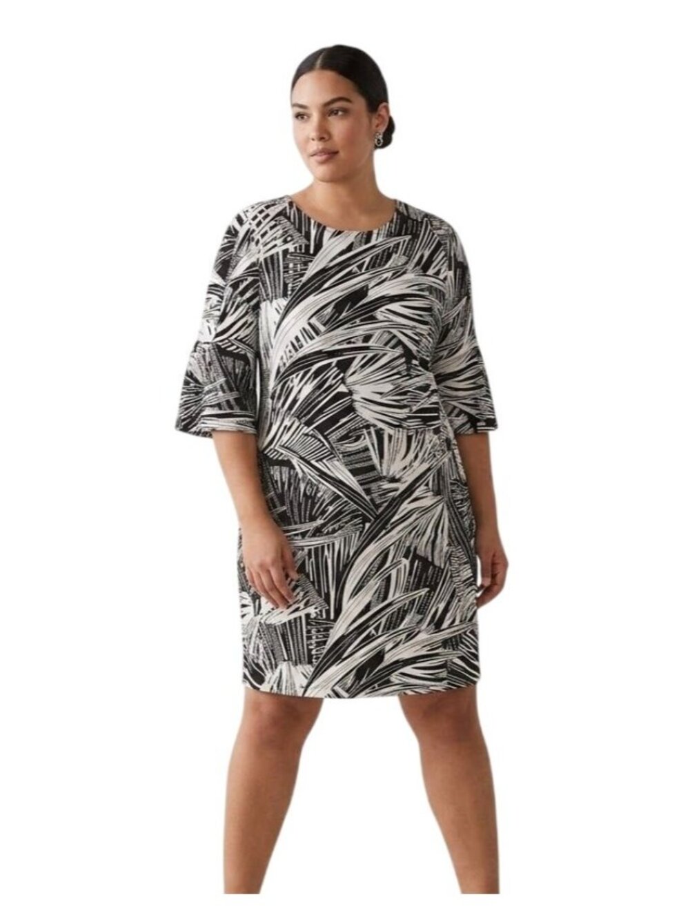 Alexandra + Oak Dress Size XXL 3/4 Bell Sleeve Black White Abstract Print Career